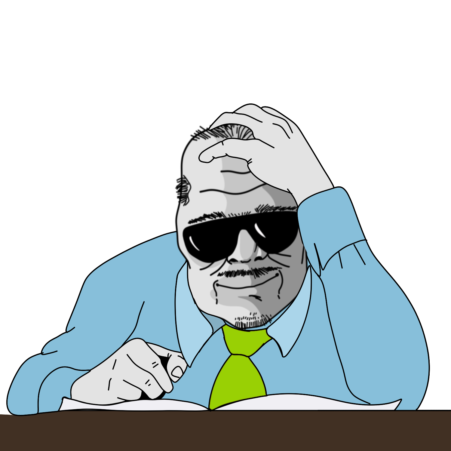 A boomer at his desk studying a document very closely