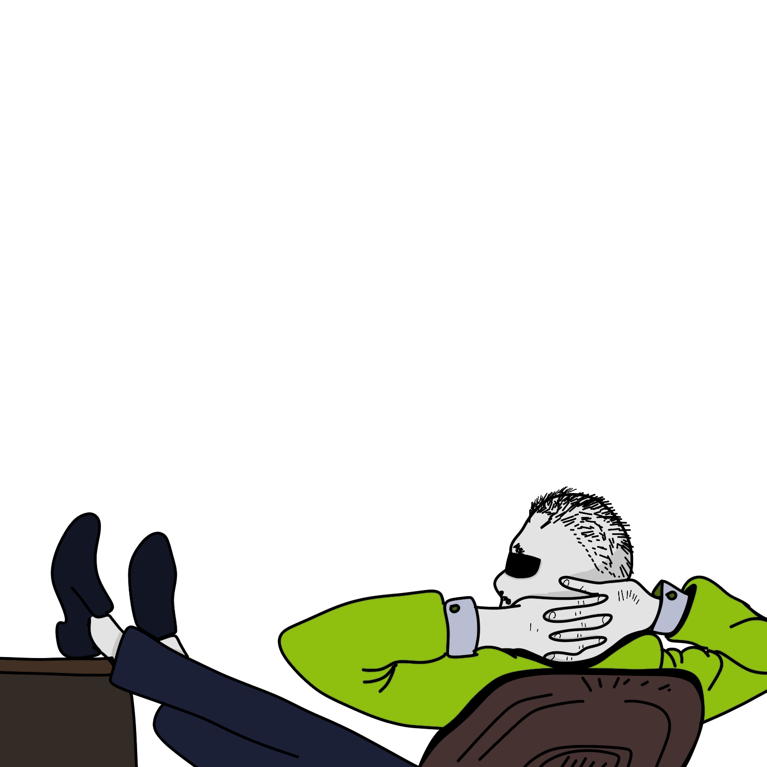 A boomer leaning back with his feet up on the desk, completely relaxed